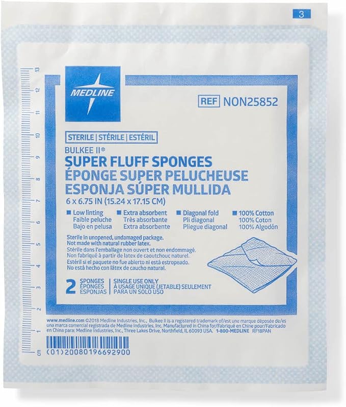 Medline Bulkee Sterile Diagonal Super Fluff Sponge, 6" x 6.75", 480 Count | Soft And Highly Absorbent Sponges Designed For Wound Care, Cleansing, And Packing With Reliable Fluid Management