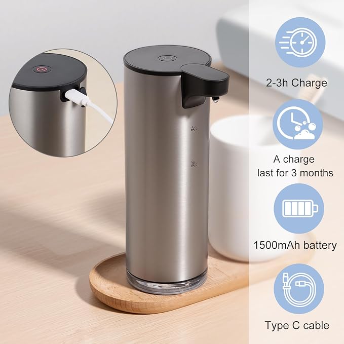 LAOPAO Automatic Soap Dispenser, Rechargeable Stainless Steel Foaming Soap Dispenser Touchless for Bathroom Auto Hand Soap Pump for Kitchen, Xmas Gift,9oz