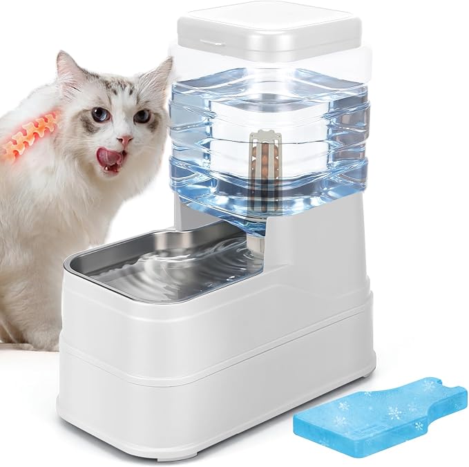 1.1 Gallon Pet Automatic Dog Water Dispenser Cat Gravity Waterer Feeder with Stainless Steel Bowl 8L Large Capacity Puppy Feeding Raised Bowls with Filter,Ice Pack (White, 4L(1.1 Gallon))