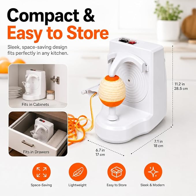 Electric Orange Peeler Automatic Fruit and Vegetable Peeler Machine, Peels Apples, Potatoes, Citrus, Stainless Steel Blade, Compact White (White)