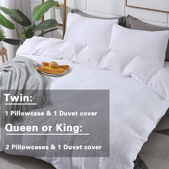 AveLom White Duvet Cover Queen Size, Textured Seersucker Duvet Cover Set, Soft Washed Microfiber with Zipper Closure and Corner Ties, 3 Pieces, 90" x 90" Duvet Cover & 2 Pillowcases