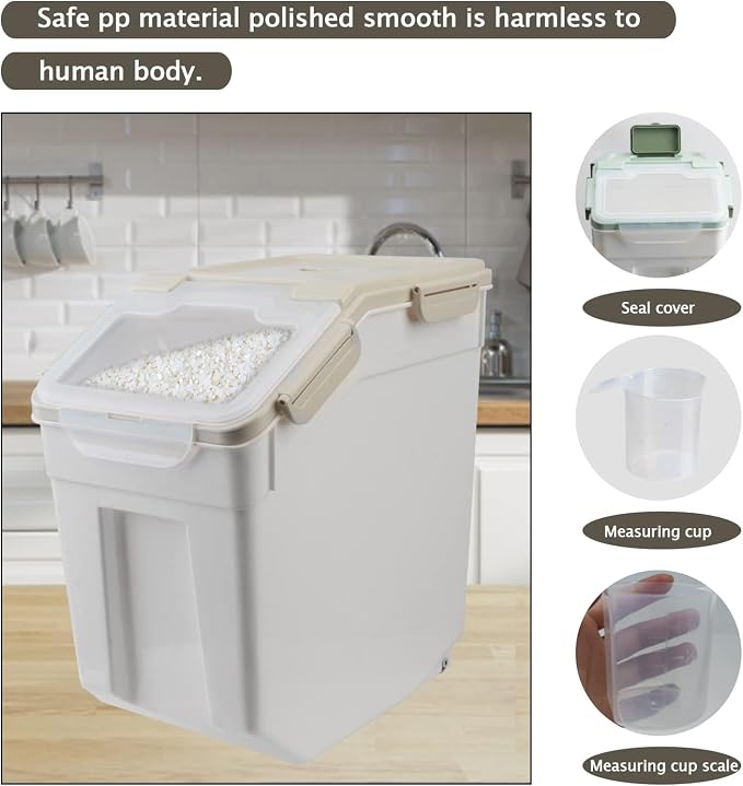 25LB/13L Airtight Flour Rice Grain Cereal Storage Container With Spoon & Measuring Cup & Handle, 2 Pack (Holds 50LBS) Pet Dog Cat Dry Food Bin, Easy to Move & Keep Food Fresh(400 oz)