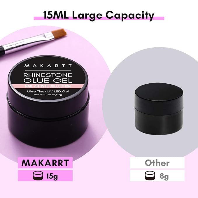Makartt Nail Rhinestone Glue with Brush Kit High Viscosity Nail Charms Gel | 30-Day Strong Hold Extra Thick Support Gel 15ML for Gem, 5mm+ Crystals, Stones, 3D Nail Decor, UV/LED Cured, DIY Salon Use