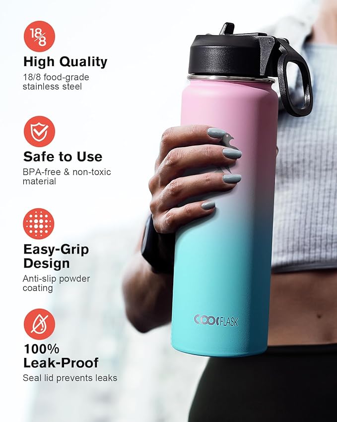 Coolflask Water Bottle 20 oz Insulated with Straw, Stainless Steel Metal 3 Lids Water Flask Wide Mouth for Sports or Office, Non-BPA Keep Cold Up to 48 Hrs or Hot Up to 24 Hrs, Bubblegum Princess