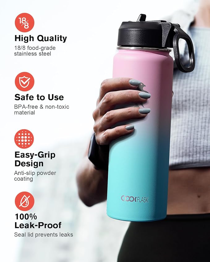 Coolflask Water Bottle 24 oz Insulated with Straw, Stainless Steel Metal 3 Lids Water Flask Wide Mouth for Sports or Office, Non-BPA Keep Cold Up to 48 Hrs or Hot Up to 24 Hrs, Bubblegum Princess