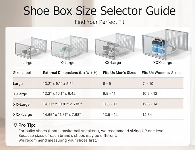 Kuject XX-Large Shoe Storage Boxes Organizers Clear Plastic Stackable 12 Pack, Shoe Rack & Holder Substitute, Sneaker Containers, Shoe Storage Organizer Bins for Closet, Under Bed, Grey(No Fold Line)
