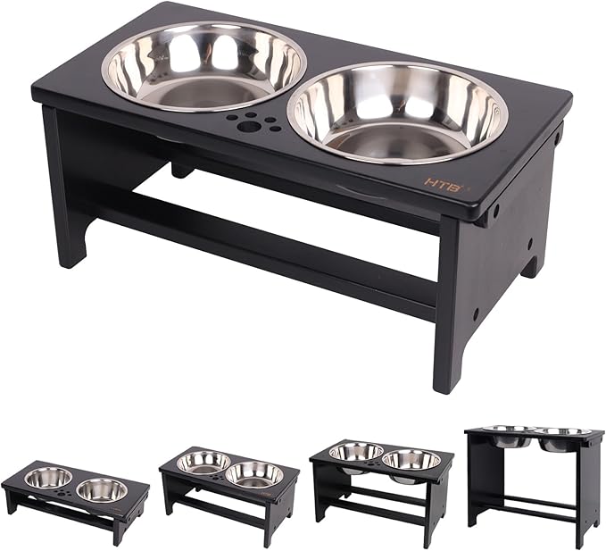 HTB Elevated Dog Bowl Stand with 2 Stainless Steel Bowls-7" H Medium Black | Raised Dog Bowl Stand, 7"tall, 29 Oz Bowls, for Medium Sized Dogs, Pet-safe, Solid Bamboo