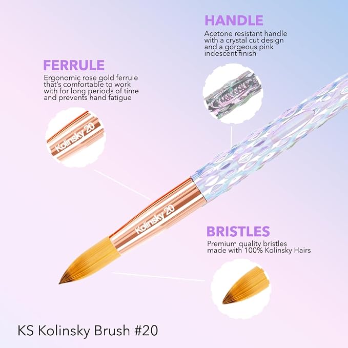Kiara Sky Kolinsky Acrylic Nail Brush #20 – Pure Kolinsky Sable Hair, Iridescent Crystal Handle, Acetone Resistant, for Acrylic Application, Extensions & 3D Nail Art