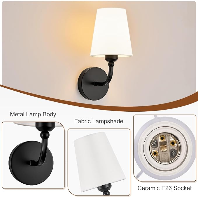 Modern Bathroom Vanity Light, Matte Black Bathroom Light Fixtures, Set of 2 Lighting Fixtures Over Mirror, Modern Wall Sconce with Flared White Fabric Shade, E26 Socket(ETL Listed)
