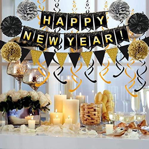 Fecedy Happy New Year Set Black Banner with Gold Black Paper Flag Bunting Swirl Streamers & Pom Poms for Happy New Year Party Decorations