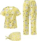 Gomyblomy Women's Scrubs Suit 3-Piece Set | Teeth Print V-Neck Top & Pants & Cap, Breathable and Stretch Fabric, S-5XL