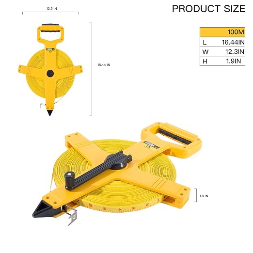 Open Reel Fiberglass Tape Measure, 330 Foot Tape Measure by 1/2-Inch, Inch/Metric Scale for Engineer,Outdoor, Athletic Field, Impact Resistant ABS Shell (330FT/100M