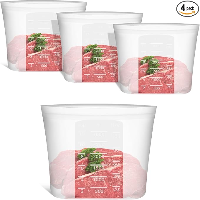 Reusable Storage Bags Extra Large, 0.8 Gallon/101 fl.oz/3000 ml, 4 Pack 100% Silicone Food Storage Bags Stand Up Zip Lock for Large Food Items, Freezer Microwave Oven Dishwasher Safe, Translucent