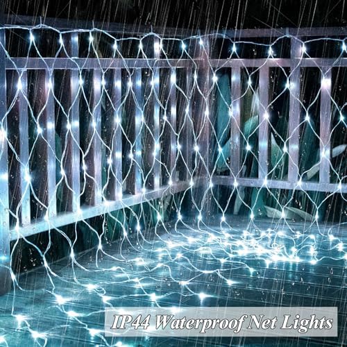 300 LED Net Lights for Bushes, 14.8ft x 5ft 8 Modes Christmas Outdoor Mesh Lights Connectable, Waterproof Decorative String Light Plug in for Xmas Tree Garden Wedding Party (Clear Wire, White)