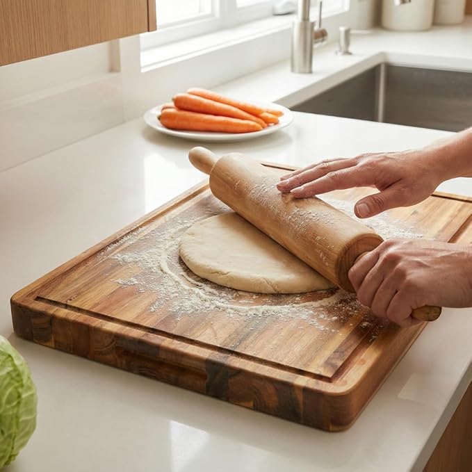 Square Acacia Wood Cutting Boards for Kitchen, 1.5 in Thick Butcher Block Construction for Stability, 14 in Square Cutting Boards with Gift Box, Juice Groove and Handle