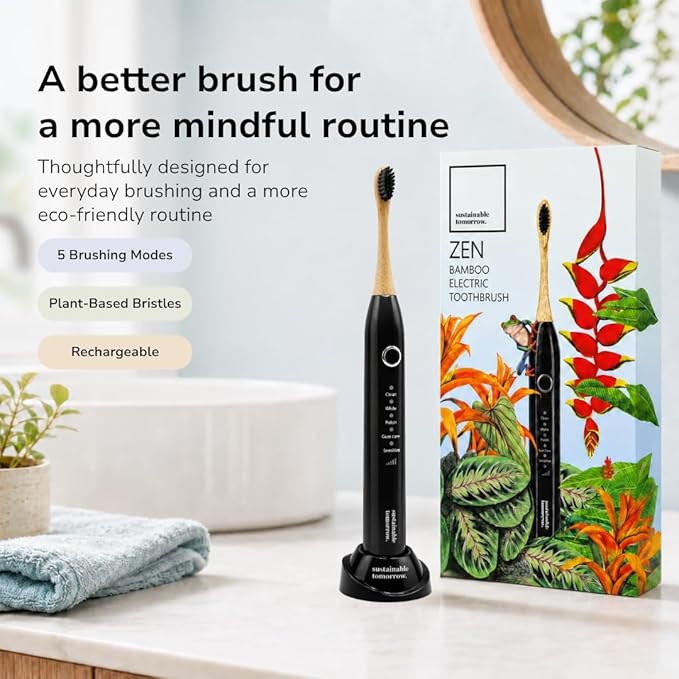 Sustainable Tomorrow Zen Bamboo Electric Toothbrush, Durable Wood-Grain ABS Handle, Rechargeable w/Plant-Based Soft Bristles, Bamboo Heads, 5 Modes & 30-Day Battery (Black)