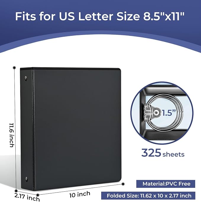 1-1/2'' 2-Inch 3-Ring Binder with Pockets, Premium View Binders with Three Ring Binders Holds up to 200/325/450 Sheets US Letter Size, Bulk Pack of 6 (1.5-inch Black)