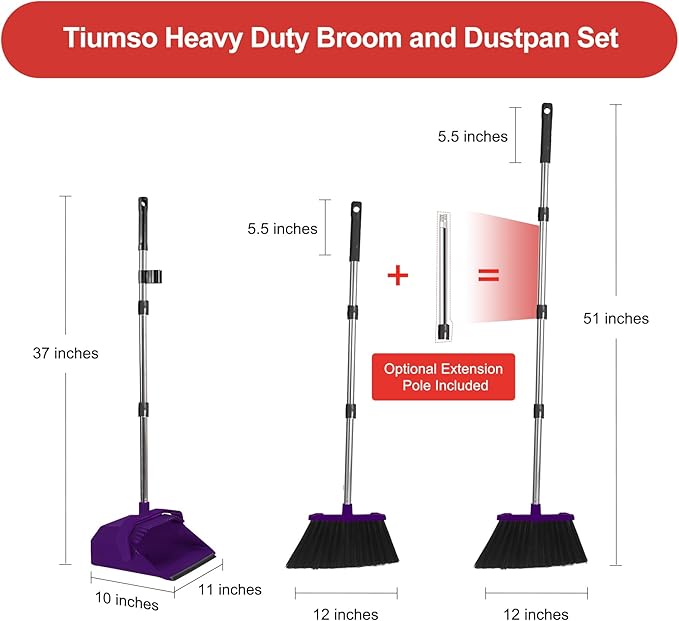 Tiumso Broom with Dustpan Combo Set, Broom and Dustpan Set with 51'' Long Handle, Dust Pan and Brooms, ZeroGap Lip, Self-Cleaning Dustpans Teeth for Lobby Kitchen Restaurant - Purple