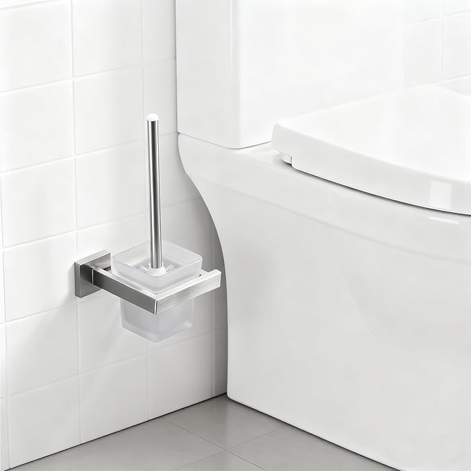 Toilet Brush and Holder Set, NEWRAIN 304 Stainless Steel Wall Mounted Toilet Brush with Long Brush Handle, Brushed Nickel Toilet Scrubber, Glass Canister