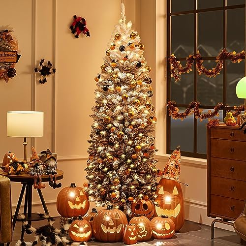 Yaheetech 6ft Pre-lit Snow Flocked Pencil Christmas Tree, Black Gradient