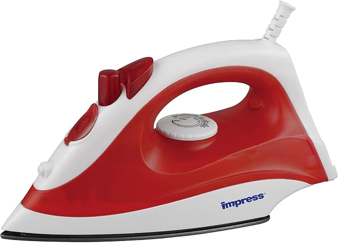 Impress Basic Clothing Iron | Non-Stick | Compact | Spray | Adjustable Steam | Fabric Selector | Swivel Cord | Lightweight | 1200-Watt (Red)