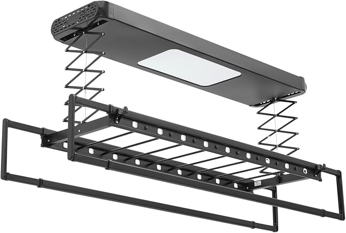 Electric Clothes Airing Rack,Adjustable Ceiling Mounted Smart Control Clothes Airing Rack w/ LED Lighting & 2 Retractable Rods,Vertical Laundry Clothesline w/ 8 Horizontal Rods for Balcony (Black)