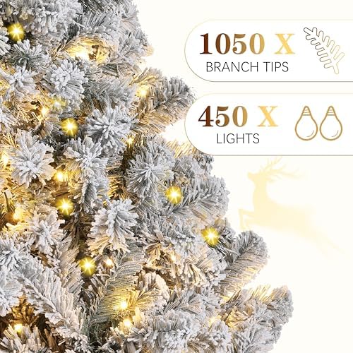Garvee 7.5FT Snow Flocked Pre-Lit Christmas Tree with 450 Warm White Lights