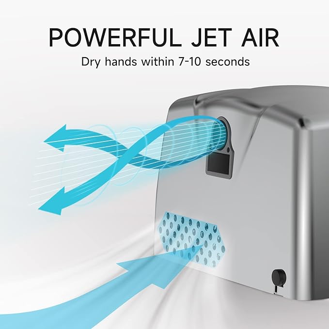 JETWELL Compact Hand Dryer for Bathrooms Commercial- Stainless Steel High Speed Hand Dryer with Heating Switch- AC110V-130V Warm Wind Hand Blower
