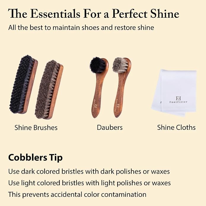 FootFitter Premium Shoe Care Brush Set, Horsehair Shine Brushes & Tools for Polishing Leather & Suede Shoes (Made in Germany)