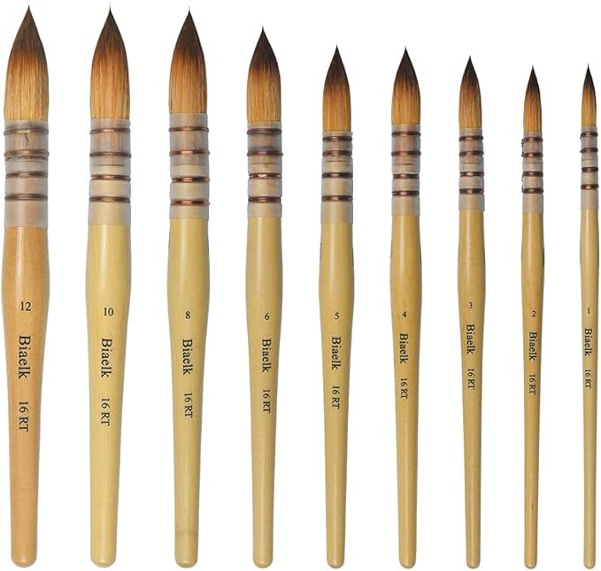 9PCS Biaelk16RT Professional Mop Acrylic Paint Watercolor Brushes Set Taklon Hair Large Round Pointed Tip Wooden Handle Size12345681012 for Watercolor,Pottery,Wash,Gouache,Face Painting