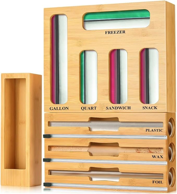 9 in 1 Storage Bag Organizer for Kitchen Drawer, Bamboo Foil and Plastic Wrap with Cutter, Ziplock Bag Organizer for Quart, Gallon, Sandwich & Snack Bags - Aluminum Foil Organizer