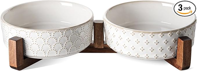 LE TAUCI Dog Bowl Set with Acacia Wood Stand - 1.5-Cup Ceramic Puppy Bowls for Small Dogs, Dual Food and Water Bowls with Weighted Non-Slip Base