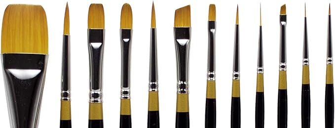 KINGART Premium Original Gold Series Handcrafted Golden Taklon Multimedia Artist Brushes, Set of 12, Black Glosss Handle, for Oil, Acrylic, Watercolor & Gouache Paints