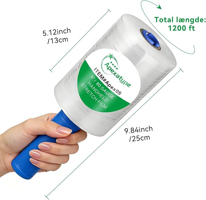 Plastic Shrink Wrap Roll for Moving, 5" x 1200' -12 Rolls | 80 Gauge, 500% Stretch, Heavy Duty, With Handles, Saran Wrap For Moving, Shipping, Packing, Pallet & Furniture Protection