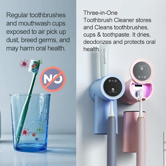 Toothbrush Cleaner & Toothbrush Holder,3-in-1 UV Toothbrush Sanitizer with Magnetic Cup Holder and Toothpaste Storage, Dual Mode Drying, 120s Quick Clean (Pink)