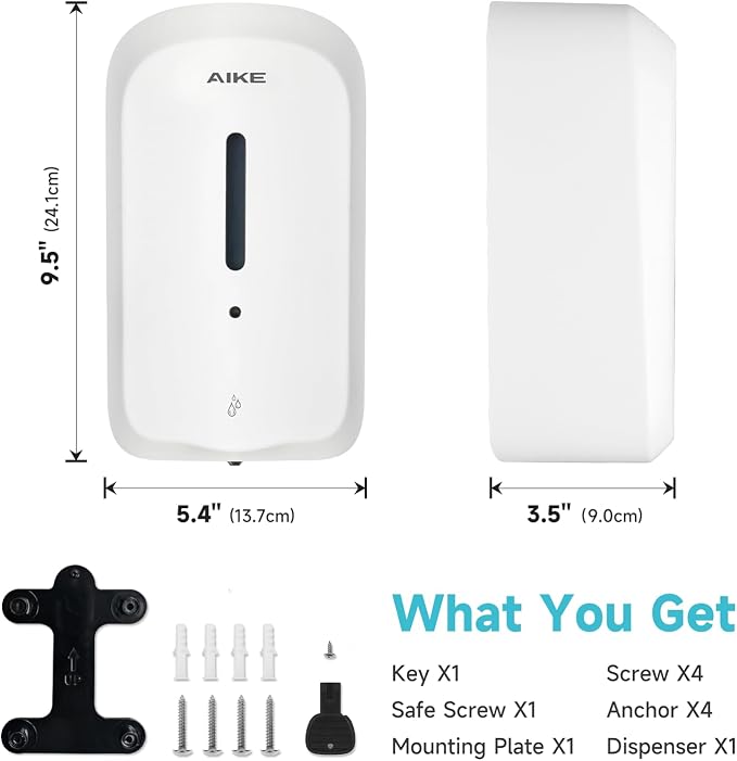 AIKE Liquid Automatic Soap Dispenser,33.8oz Capacity for Bathroom,White | 5-Level Adjustable and Savety Key for Commercial(4*AA Batteries Not Included),Screw Wall Mount for Space-Saving,AK1226S