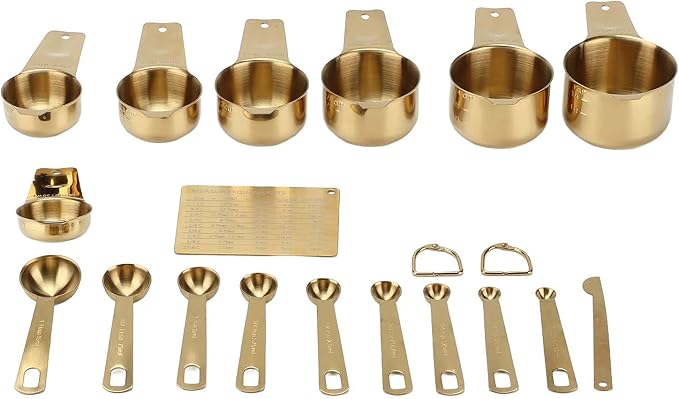 LiebeWH 18PCS Measuring Cups and Spoons Set, Stainless Steel Measuring Spoon and Cup Set, Gold with 7 Cups 10 Spoons Scale Plate Buckle, for Cooking Baking Coffee