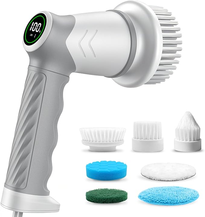 DAESUNG Electric Spin Scrubber, Electric Bathroom Brush with 7 Replaceable Heads, Power Scrubber with LED Display, Electric Scrubbers for Cleaning Shower, Tile, Grout, Sink