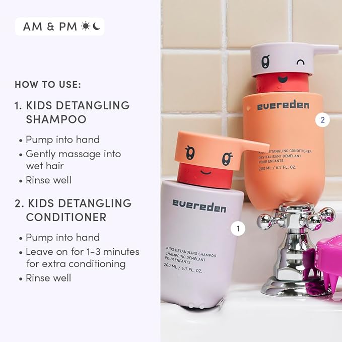 Evereden Kids Mini Haircare Set: Travel Size Hair Detangling Shampoo 1fl.oz & Conditioner 1fl.oz for Children Ages 3+, Plant Protein Peptides & Argan Oil, Vegan, Free from Sulfate, Paraben & Phthalate