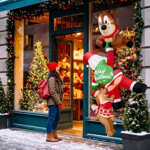 8FT Hanging Christmas Inflatables Outdoor Decorations Santa, Reindeer, Dog