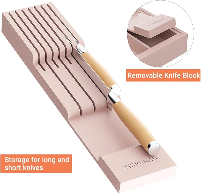 TIOPGHAD Bamboo-Silverware-Drawer-Organizer-Kitchen, Expandable Utensil Holder Cutlery Tray Flatware Organization Adjustable Wood Tableware Dividers Storage (with Removable Knife Block)(Grey Pink)