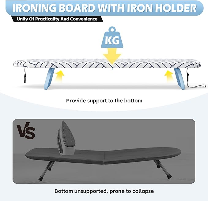 Foldable small ironing board tabletop, Mini iron board small, Table top mini ironing boards small with cover and pad, Folding compact portable iron and ironing boards set for travel, 12*32 Snow White