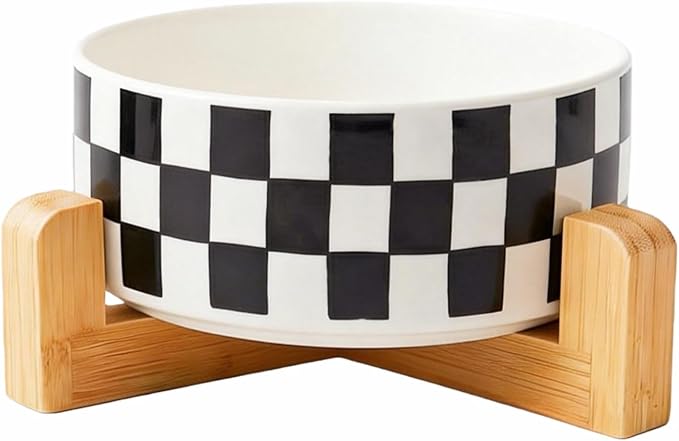 TRUVIC Ceramic Dog Bowl with Wood Stand, Black and White Checkered & Striped Dog Food and Water Bowl, 2 Cup/14 oz Elevated puppy food bowl for Medium Dogs, Dishwasher Safe, Modern Geometric, Checkered