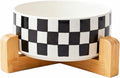 TRUVIC Ceramic Dog Bowl with Wood Stand, Black and White Checkered & Striped Dog Food and Water Bowl, 2 Cup/14 oz Elevated puppy food bowl for Medium Dogs, Dishwasher Safe, Modern Geometric, Checkered