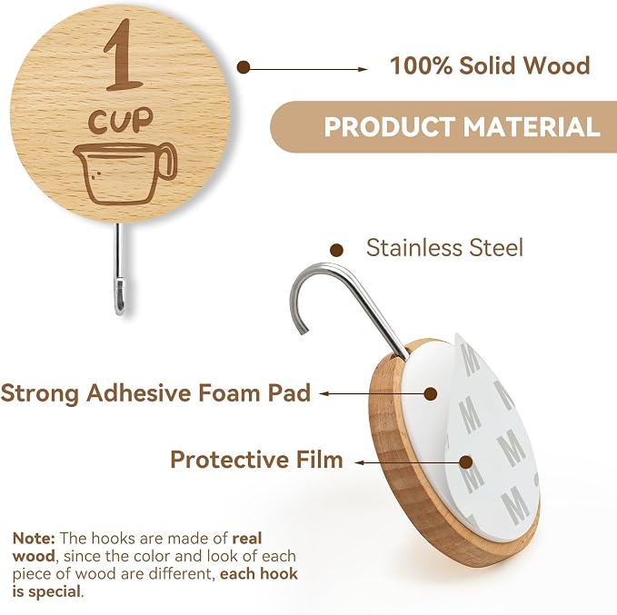 Measuring Cup and Spoon Organizer, 12 Pack Adhesive Wood Hooks for Hanging with 6 Kitchen Conversion Chart Stickers, Kitchen Hooks for Space Saving Storage