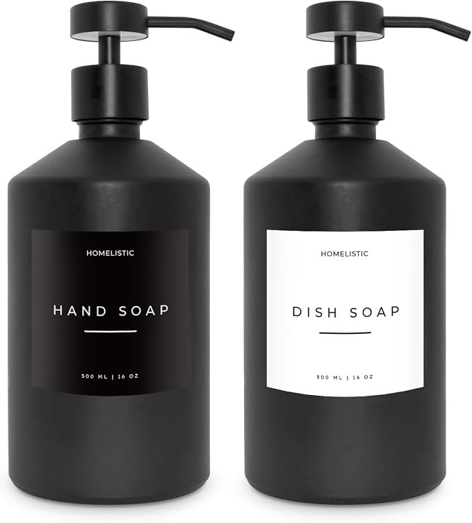 Luxury Glass Soap Dispenser Set of 2 - Elegant Black Glass Bottles with Matte Black Pumps, Ideal for Kitchen and Bathroom for Hand and Dish Soaps