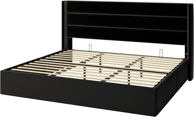 Allewie King Size Lift Up Hydraulic Storage Bed Frame Black | Modern Wingback Headboard, Hydraulic Support Storage, No Box Spring Needed