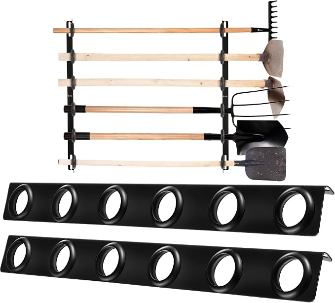 4 Sets 6-Tool Landscape Trailer Rack for Lawn Equipment 6 Hole Hand Tool Storage Rack Landscaping Shovel Holder for Truck with Rubber Grommets and Mounting Hardware Accessories, Black