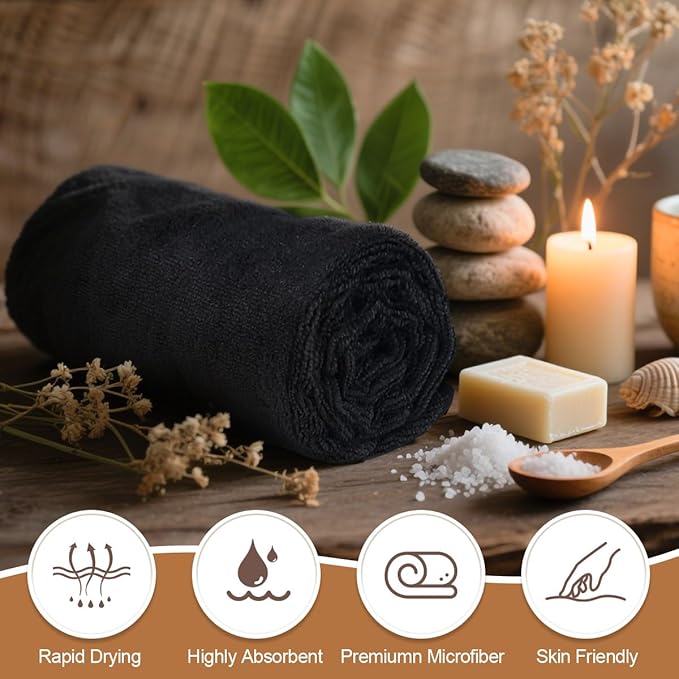 Orighty Salon Towels, Microfiber Hair Salon Towel 16 x 29 Inch, Super Soft and Absorbent Black Towels for Salon, Hand, Gym, Bath, Spa and Home Hair Care, Not Bleach Proof, 2 Pack
