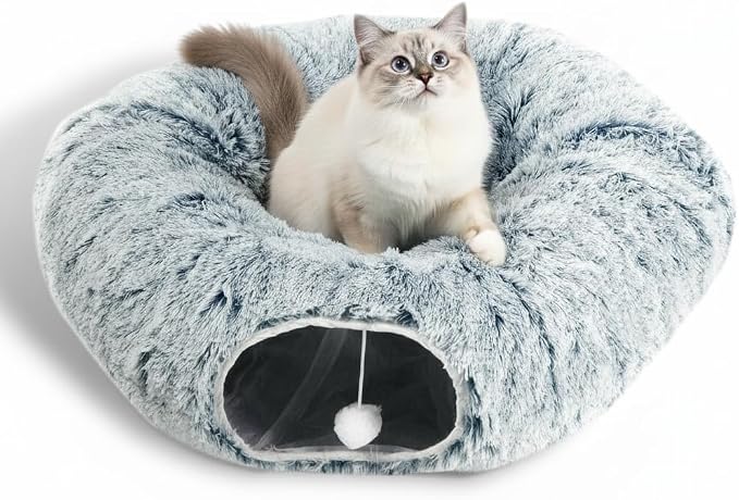 AUOON Plush Cat Tunnel Bed for Indoor Cats, 36" L x 36" W x 11.5" H, Gray | 2 in-1 Interactive Cat Toy, with Hanging Ball Toy, Machine Washable Center Pad, for Kitten Puppy Rabbit Ferret